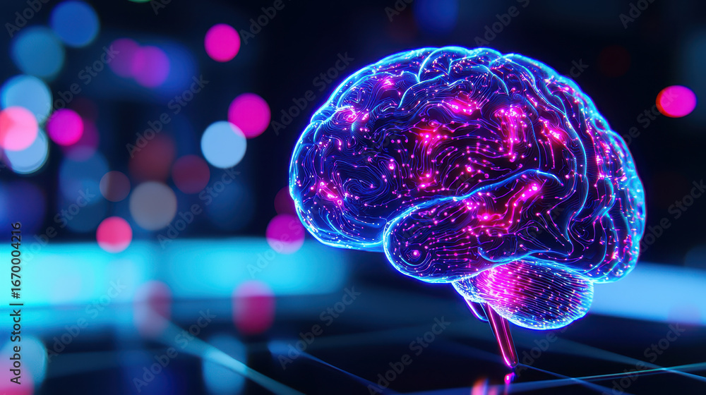 Poster vibrant, glowing brain with intricate patterns, symbolizing advanced technology and artificial intel