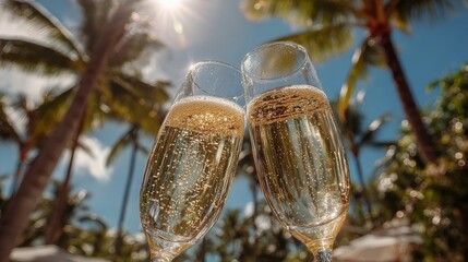 Tropical celebration with champagne glasses clinking under palm trees