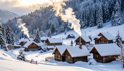 village with cozy cabins and smoke rising from chimneys 