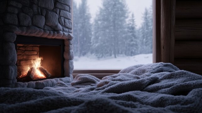 Cozy winter cabin interior with fireplace and snowy forest view
