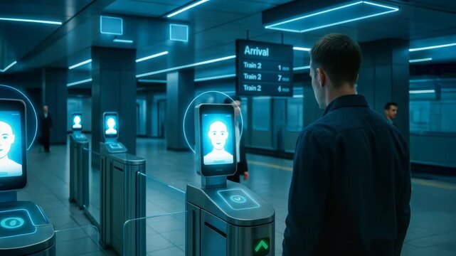 Futuristic metro station with facial recognition access control system and passengers passing through illuminated gates in modern underground transport hub