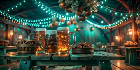 Obraz premium Oktoberfest beer hall with wooden benches, beer mugs, and a festive celebration vibe
