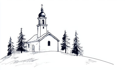 Simple black and white illustration of church on hill surrounded by pine trees, evoking serene and peaceful atmosphere