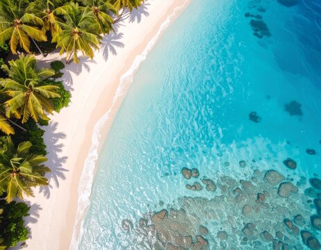 tropical beach with turquoise water and palm trees, aerial view