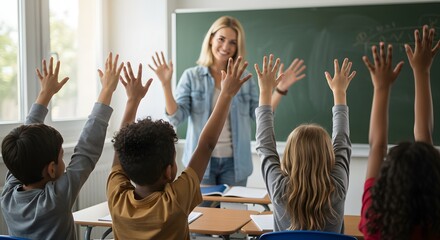 Enthusiastic teacher and engaged elementary school students participate in a classroom lesson, hands raised eagerly.