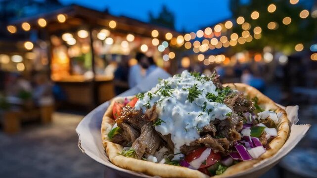 Savor mouthwatering gyros with creamy tzatziki and crispy pita, set against a bustling street food vendor backdrop.