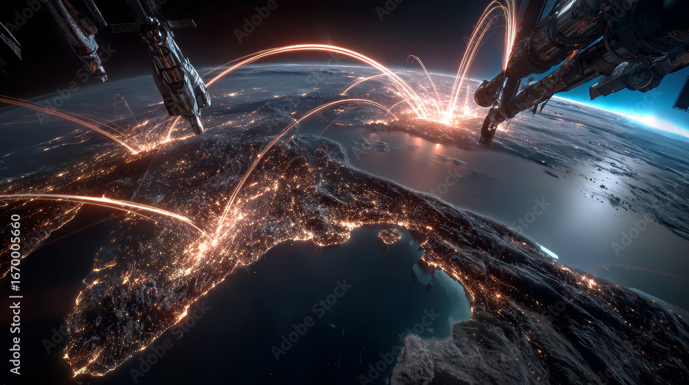 Poster night planet earth from space with light lines of communication and connection. business and finance
