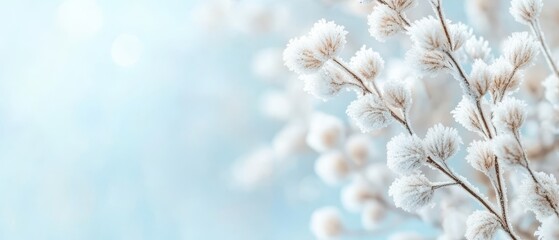 Frozen plant stems with soft buds covered in white frost against a light blue winter background with bokeh circles sparkles gently