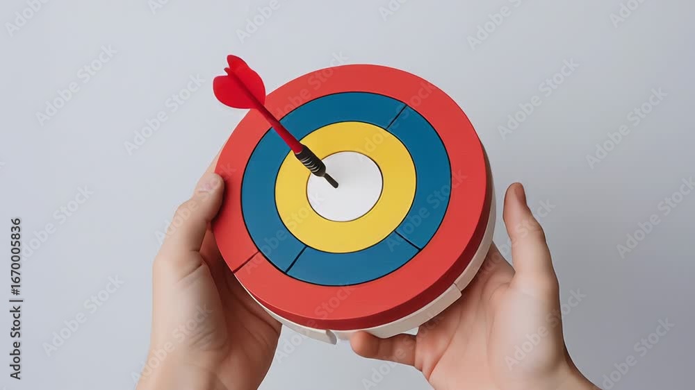 Poster agile hands hold target with dart center symbolizing goal achievement focus precision circle for suc