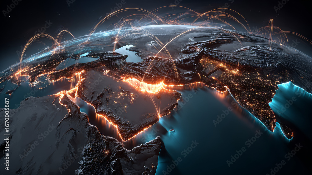 Poster night planet earth from space with light lines of communication and connection. business and finance