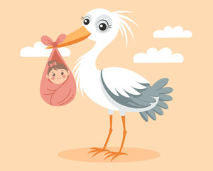 Cute stork with newborn baby girl. Illustration, greeting postcard, announcement.
