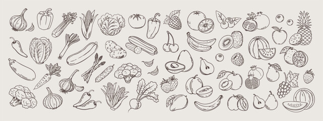 Set of sketch vegetables and fruits. Collection of hand drawn farm products for restaurant menu, market label. 