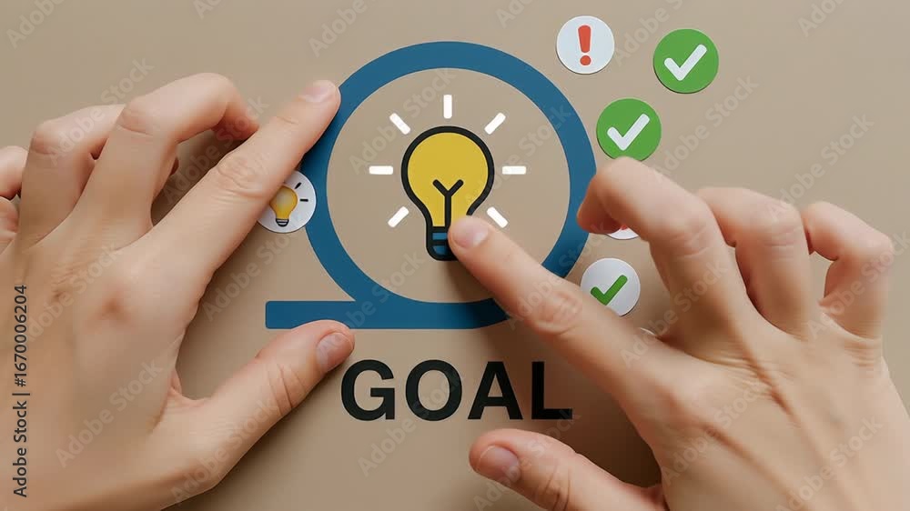 Poster agile goal setting with hands arranging light bulb and icons representing creativity, idea, success,