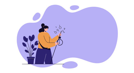 A focused woman brainstorms new ideas, holding a light bulb and wand, symbolizing creativity, innovation, and problem-solving for business or education.