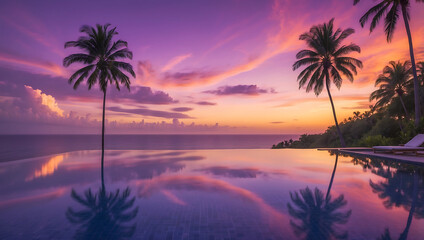 Fototapeta premium Golden Hour Over a Tranquil Tropical Infinity Pool with Palm Tree Reflections