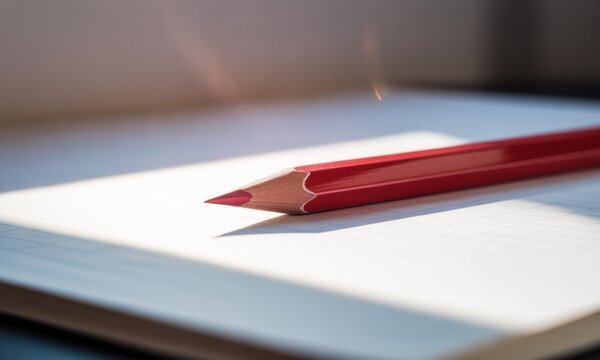 Close-up of a red pencil on open notebook page, sunlit