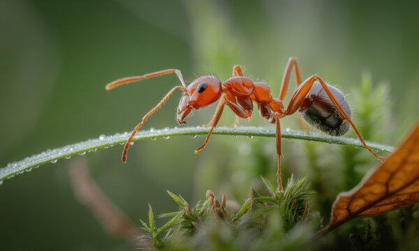 Close-up of a red ant on a dewy leaf, with out-of-focus moss and leaves - Powered by Adobe