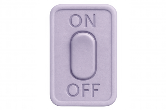 Lavender power switch activated, resting on clear surface, emphasizing sleek technological minimalism