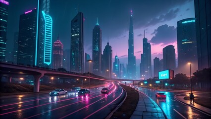 futuristic cityscape at night with glowing roads
