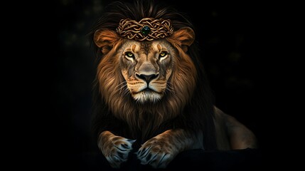 Fototapeta premium A powerful portrait of a majestic wild lion with a huge mane on a black background
