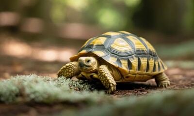 Obraz premium Close-up of a tortoise on mossy forest floor