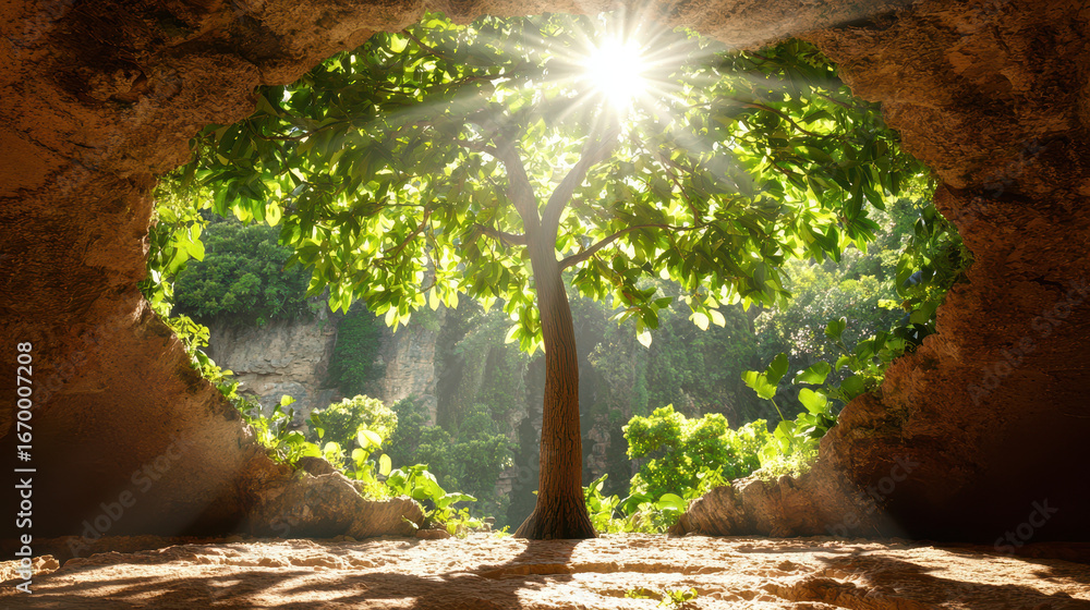 Poster vibrant tree stands in cave, illuminated by sunlight filtering through opening, creating serene and 