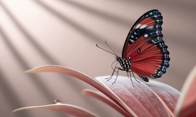 Obraz premium Close-up of a vibrant red butterfly perched on delicate pink petals, bathed in soft sunlight