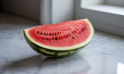Close-up of a watermelon wedge on a marble countertop, with a window in the background. The flesh is vibrant red, and the rind has distinct green stripes