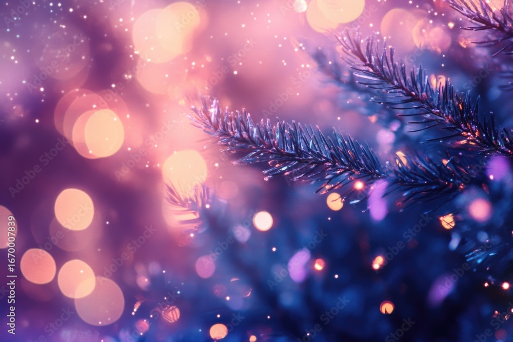 Poster festive christmas tree branches with sparkling lights and bokeh background