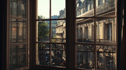 French-style balcony doors with glass panes, overlooking a Paris street, morning light, 50mm DSLR realism 