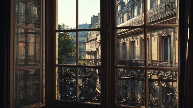 French-style balcony doors with glass panes, overlooking a Paris street, morning light, 50mm DSLR realism 