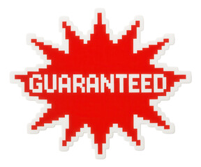 Fototapeta premium Red burst sticker with GUARANTEED message in pixelated style, bold retail promotion offer on transparent background.