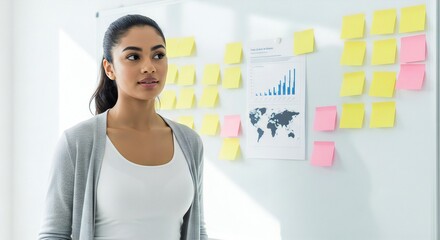 Confident businesswoman strategizing with sticky notes and world map, planning for business success in modern office