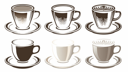 Obraz premium Illustration of six coffee cups with varying designs and shades on saucers against white background | editable eps vectors silhouette