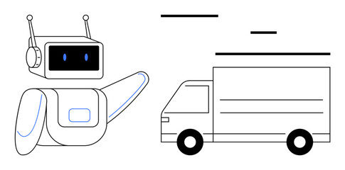 Robot extends a gesture towards a delivery truck, symbolizing automated services and smart technology. Ideal for logistics, AI, innovation, automation, transportation, delivery systems, simple