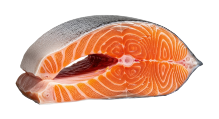 Ultra-macro of raw Atlantic salmon fillet, skin-on, sliced open, revealing moist orange flesh with white marbling, isolated on transparent background, dramatic lighting, concept of culinary freshness