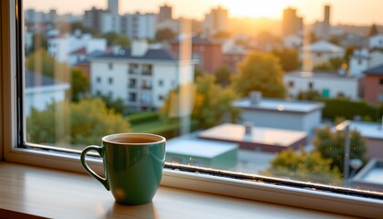 A mug of coffee sits on a windowsill overlooking an urban neighborhood during sunset.