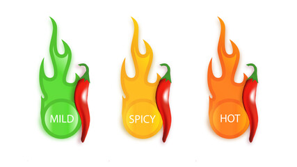 Chili spicy meter Paprika hot meter sign for label of product. Spicy food mild and extra hot sauce chili pepper red icons.