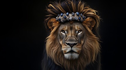 Fototapeta premium A striking portrait of a male lion with a powerful mane, capturing the face of the king of the jungle
