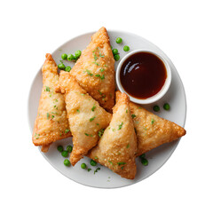 Samosa on a white plate with green peas and sauce, top view, isolated on transparent background. Indian street food concept for menu.