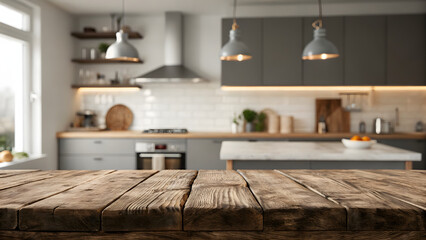 Rustic wooden countertop with blurred modern kitchen background for food photography and design