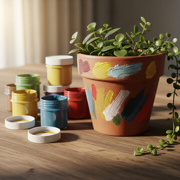Colorful painted terracotta pot, surrounded by paint containers, on a wooden table.