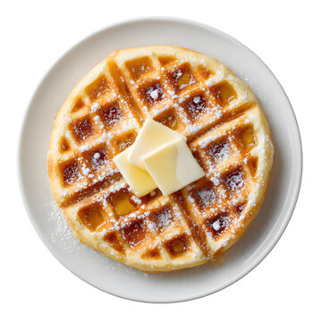 Golden waffle with butter and powdered sugar on white plate, top view, on transparent background, for cafe menu.
