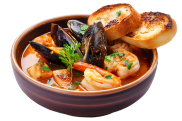 A rustic bowl of classic French Bouillabaisse. A hearty seafood stew with mussels and shrimp in a saffron broth, served with rouille on toast.