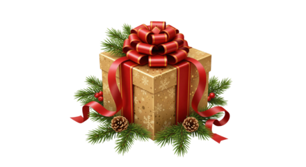 A festive gift box with a red ribbon and a beautiful bow, and fir branches, Christmas and New Year theme, realistic style, on a transparent background.