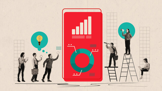 Business people with charts, graphs, and symbols around giant smartphone on colorful collage background. Concept of digital transformation, analytics, innovation, teamwork, and technology strategy.