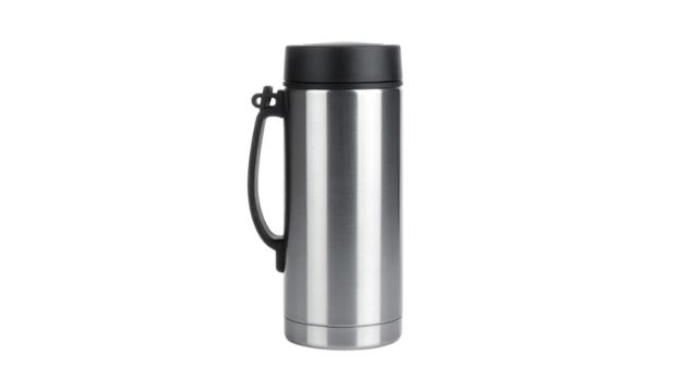 A blank silver insulated metal travel thermos mug isolated on a white background