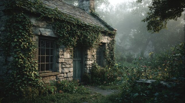 Old stone cottage with small glass windows, ivy growing around the frame, early morning fog, natural lighting, ultra photorealistic 