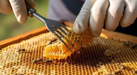 Golden honey dripping from honeycomb as gloved hand extracts sweet nectar with fork in warm sunny light