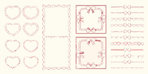 Assortment of Pink Hand- Drawn Hearts Frames Bows and Borders on Cream Background